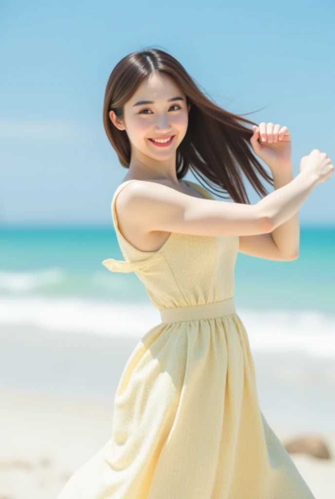 (8k, RAW photo, best quality, masterpiece:1.2), (realistic, photo-realistic:1.4), (extremely detailed 8k wallpaper), Japanese 20 age woman, she is wearing a white dress,The background is the sea,The wind blows my skirt up,she is smiling,ponytail,My skirt floats up in the wind and I can see my underwear.,I'm wearing a straw hat, but it looks like it's going to be blown away by the wind,The size of the straw hat is normal size.