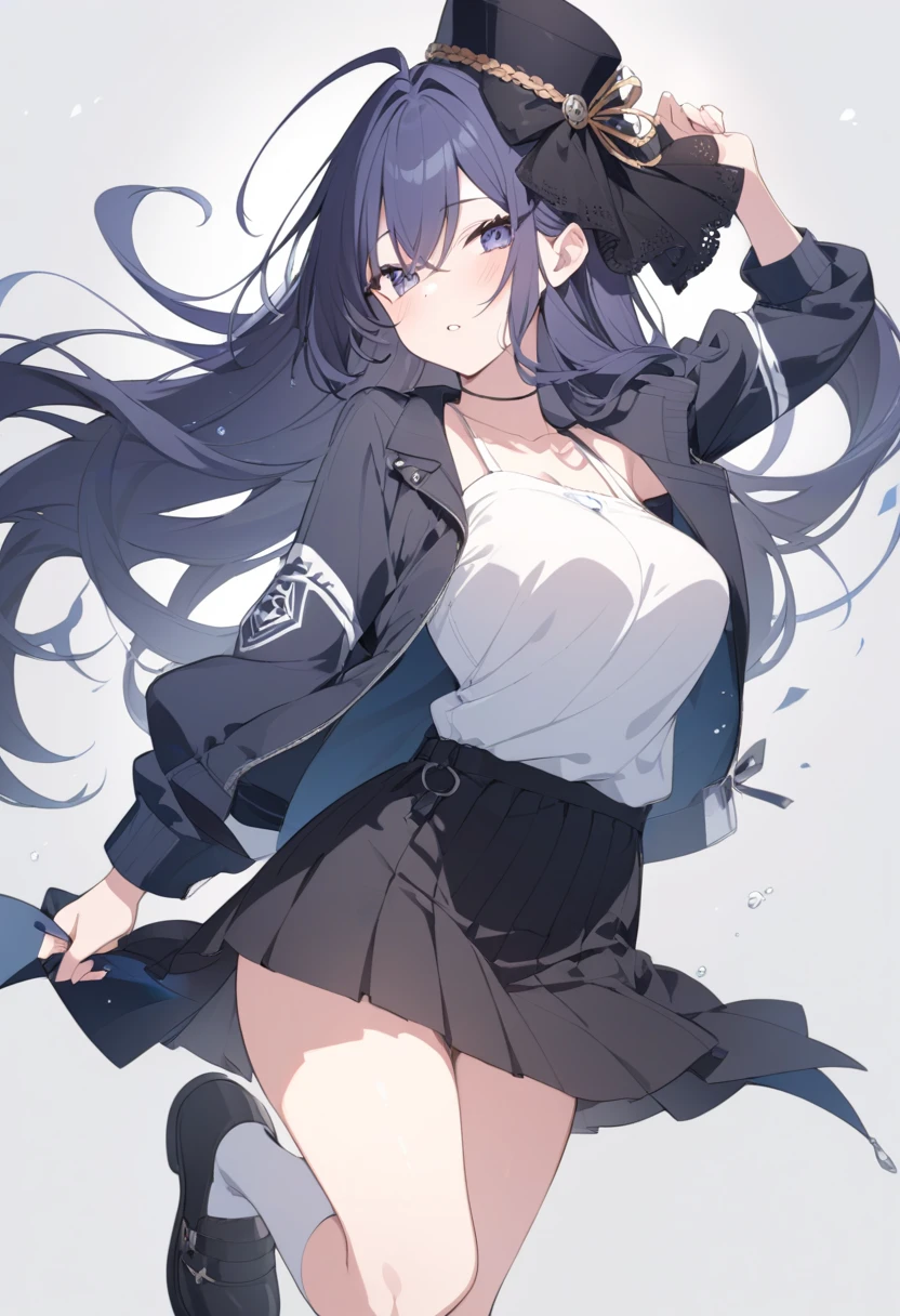 absurdres, highres, ultra-detailed, incredibly detailed, (illustration), a girl in a school uniform tearing her shirt off with incredible force, 1girl, (((solo))), standing, serious, determined, brown hair, bob cut, blue eyes, medium breasts, raised arm, clenched right hand, right hand in front of face, glowing futuristic bracelet on right hand, incredibly detailed body, school uniform, white sailor shirt, blue pleated skirt,(shredded clothes:1.6), (tearing clothes:1.4), (torn clothes:1.2), (transformation:1.4), half naked, (wind:1.2), floating hair, (electricity:1.2),Omertosa,shamare,simple background,white boots,<lora:arknightsTexasThe_v10:0.78>