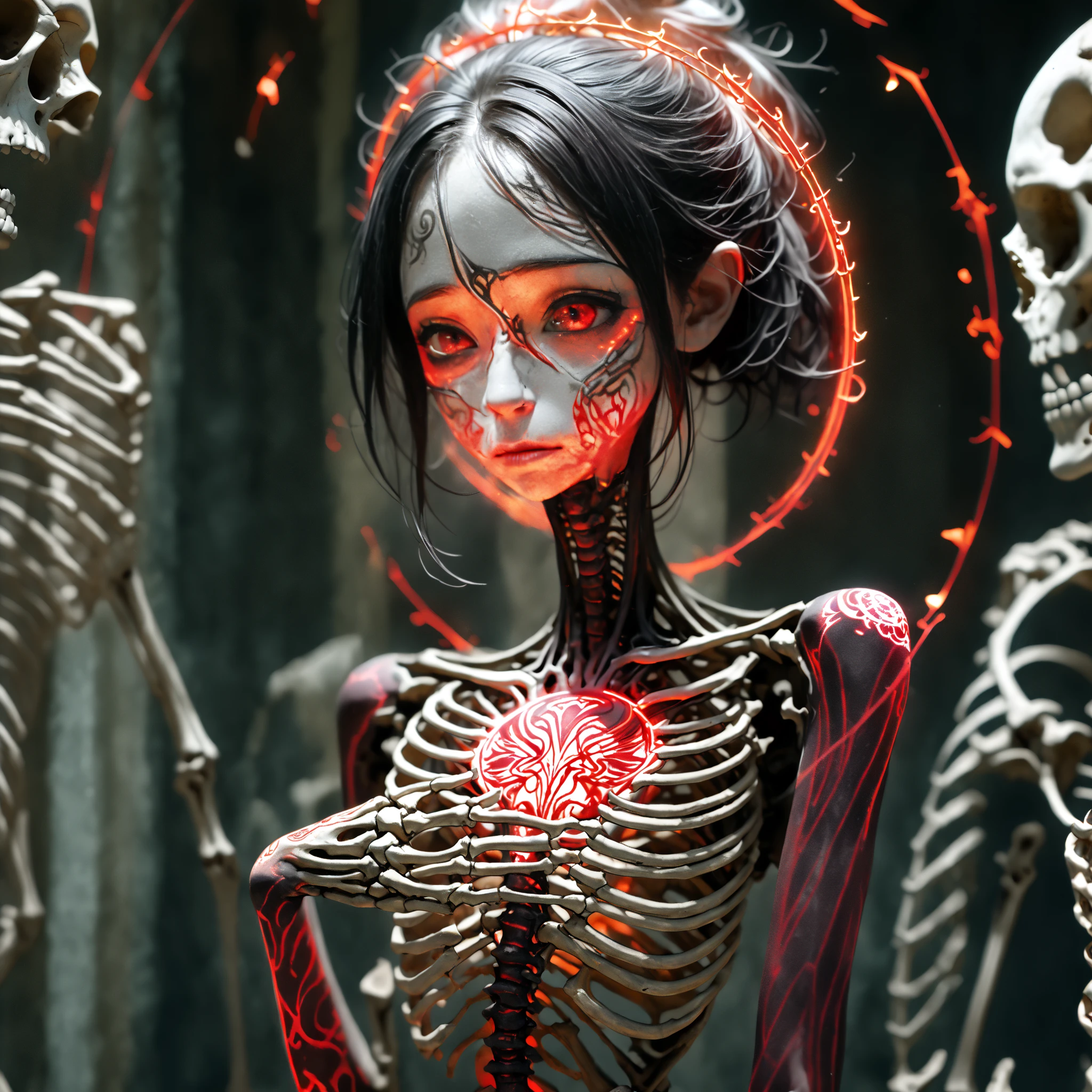 1girl, 20yo、black hair, red eyes, skeleton body, Vinyl Translucent dress、Bones visible, moss on body、robot joints:1.3、evening、red light、Ruins, flower field, high-resolution image, leotard, see-through,android, joints, robot joints, dynamic pose、fisheye lens、green sky、foot focuASTERPIECE, BEST QUALITY, HIGH QUALITY, HIGHRES, ABSURDRES, PERFECT COMPOSITION, INTRICATE DETAILS, ULTRA-DETAILED, PERFECT FACE, PERFECT EYES, NEWEST, AESTHETIC,