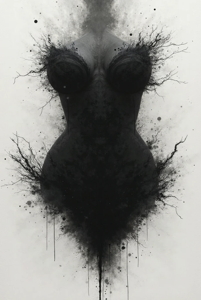 bs, solo, simple background, monochrome, full body, greyscale, bodysuit, black background, 1other, monster, arms at sides, horror (theme) there is a large-breasted woman in the picture with her arms torn off and her face bleeding, ravens flying in the background, stocking, hot lingerie, big boobies, red paint splatted on it, white hair
