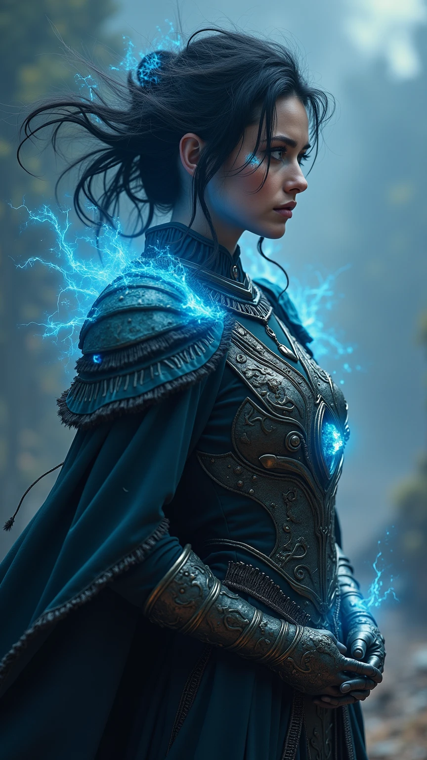 Warrior woman, black hair, daughter of God, data analysis, back