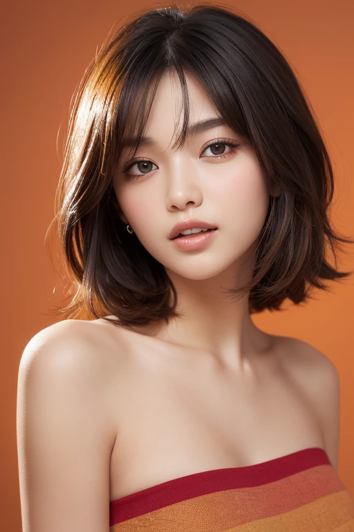 (NSFW), beautiful girl, brown eyes, ((beautiful slim teenage girl 18 year old, short hair color [Brown highlights hair], [undercut pixie] hair)), ((big tits)), lips, realistic, ((skinny body)), charming, pink lipstick, colorful makeup, long eyelashes, wearing eyeliner, fair skin, (cute), (detailed face), detailed eyes, detailed iris, complete naked, complete closed mouth,