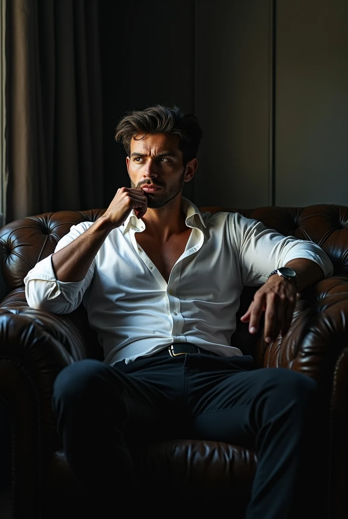 A photorealistic image of a man seated on a plush, luxurious sofa in an intimate, candle-lit room. The man has a well-toned but not overly muscular physique, with a naturally hairy  and arms that add to his rugged appeal. He sits elegantly, half-naked, wearing only a pair of loose-fitting pants, his upper body exposed. The soft, warm glow from the surrounding candles casts gentle shadows across his defined abs and broad shoulders, highlighting the natural contours of his body. The man’s expression is subtly intense, his eyes half-closed as he brings his hand to his mouth. His tongue gently touches his fingers as he sensually licks them, creating a  and intimate moment. His posture is relaxed yet confident, with one arm draped casually over the back of the sofa while the other hand is engaged in this intimate gesture. The dim lighting and flickering candlelight accentuate the atmosphere, making the scene feel private and deeply personal. The setting is rich and inviting, with soft, velvet cushions on the sofa and dark, elegant drapes framing the room. The flickering candles, placed strategically around the room, cast a warm, golden light that adds to the  ambiance. The room is filled with a mix of deep shadows and highlights, creating a visually captivating contrast that draws attention to the man’s actions and the texture of his skin. The overall composition is designed to evoke a strong, alluring atmosphere, with the man’s relaxed yet  pose and the intimate, candle-lit setting, creating a scene that is meant to captivate and excite the viewer, especially women.