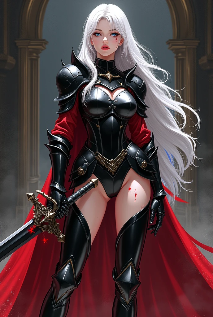 imagined a sfw dark persona curvy dominatrix dark elf queen black & red outfit holding a rapier sword, dark skin, sliver hair red eyes, spike, armor fantasy clothe