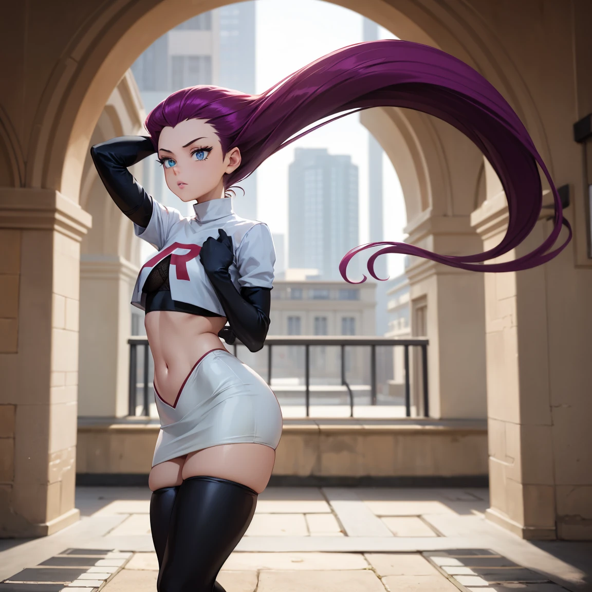 (((1 girl))) short hair, earings ,glossy lips ,team rocket uniform, red letter R, white skirt, white crop top, black thigh-high boots, black elbow gloves, evil smile, looking at viewer, cowboy shot, arms crossed, full body photo Mercedes von Martritz (Fire Emblem: Three Houses)