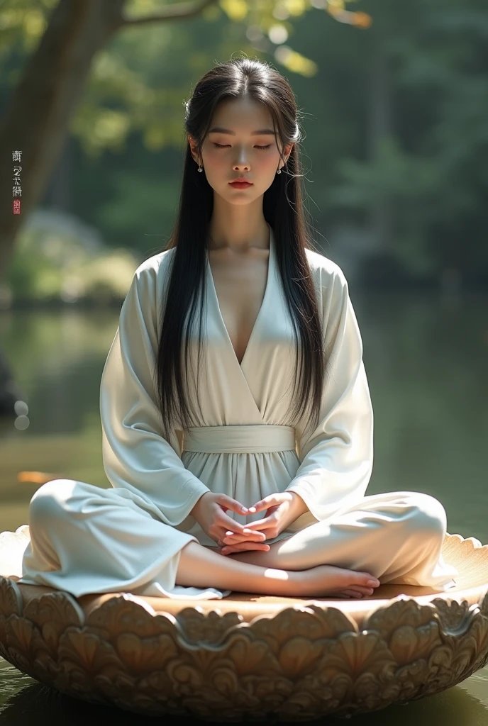 A Chinese saint meditate in lotus pose, a very beautiful Chinese girl trying to seduce him by whispering in his ears, deep in forest, beneath a giant tree, white clothes.
