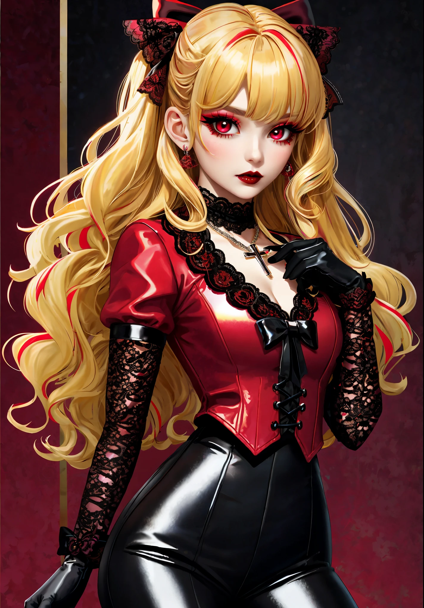 masterpiece, best quality, 1girl, solo, long hair, curls, multicolored hair,two-tone hair, blonde hair, bangs, red eyes, makeup, red lips, lipstick, vampire, mascara, eyeshadow, cross necklace, hair bow, front bow, lace jacket, lace gloves, fishnets, black leggings, gothic attire, dynamic angle, side lighting, shiny skin, detailed eyes, detailed face