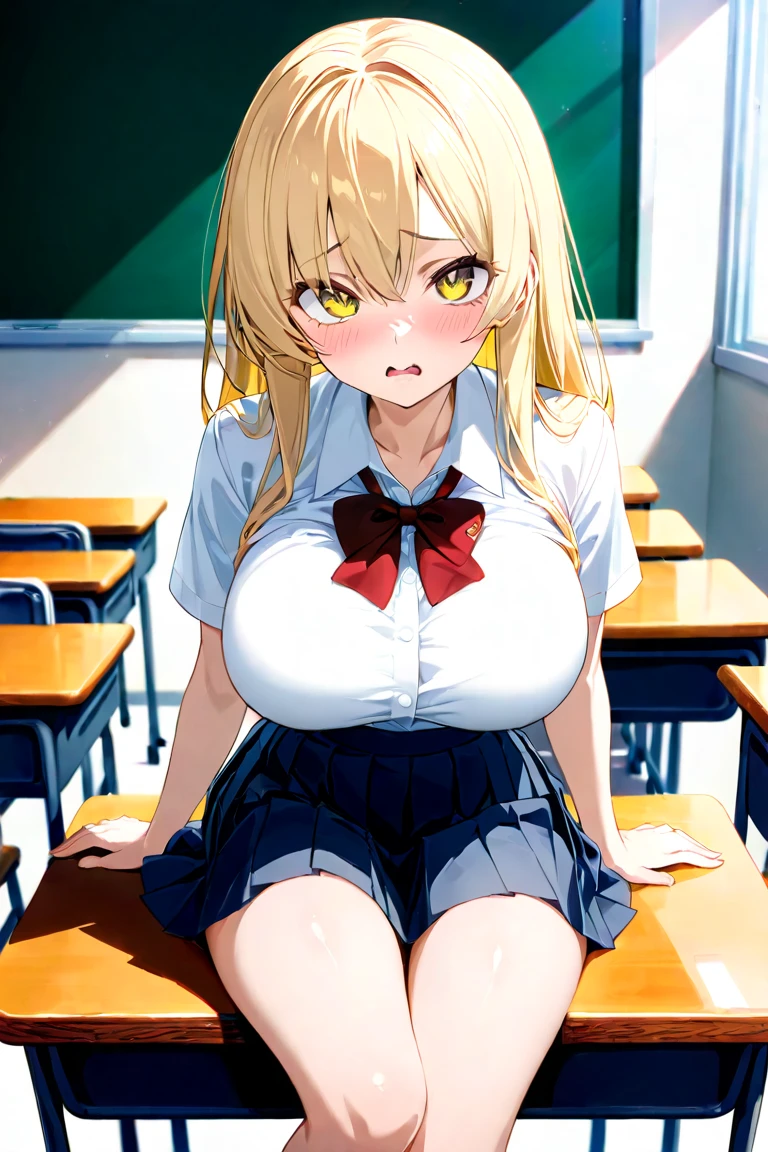 masterpiece、Highest quality、Best image quality、High resolution、Big Breasts、、School-Uniform、Red tie、Summer clothes、Blonde、Yellow Eyes、Long Hair、In the classroom、Angry、Remain silent、An empty classroom
