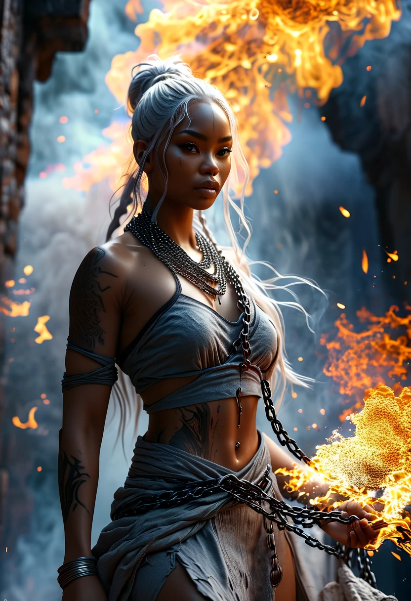 (best quality,4k,8k,highres,masterpiece:1.2),ultra-detailed,(realistic,photorealistic,photo-realistic:1.37),beautiful 18's ((((androgen:1.2 darkskin:1.1 long white hair:1.3))) chained and wrapped in burning chains,view from below,illustration,metallic texture,demonic, wielding immense power,melting chains,scorching heat,rays of light piercing through the cracks,ominous shadows,exquisite detailing,steaming heat waves,smoke rising,,fireworks-like sparks,dramatic composition,dark fantasy,emerald flames,burning tattoos,fiery destruction,apocalyptic scene,crumbling ruins,distant flames,molten lava,unstoppable force,battlefield devastation,constantly growing in size,threatening clouds looming above,crimson danger,indomitable spirit,enchanted chains,,stunningly beautiful,demonic transformation,transcendent power,untamed chaos,ferocious determination,storm of fire and fury, masterpiece, best quality:1.2),,(8k,highres,RAW photo,realistic,photo-realistic:1.3),(detailed skin texture,detailed cloth texture,beautiful detailed face:1.25),professional lighting,photon mapping,beautiful soft light,radiosity,physically-based rendering,raytracing, model shoot style, model shoot style, (extremely detailed CG unity 8k wallpaper), full shot body photo of the most beautiful androgen.