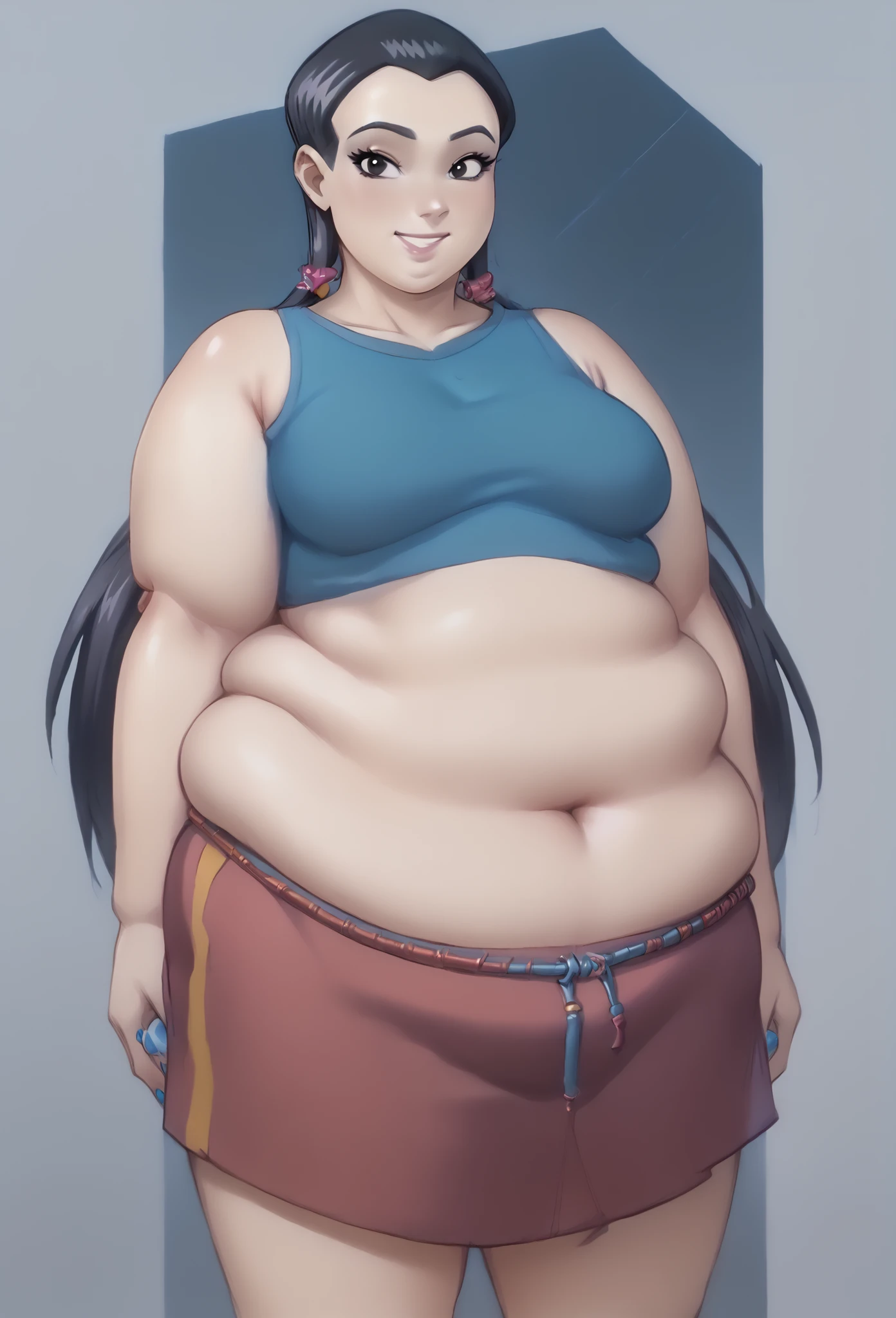 score_9, score_8_up, score_7_up, score_6_up,   BREAK NM_w_haylin, 1girl, black eyes, long hair, black hair,  twin tails, low twin tails, breasts, large breasts, navel, midriff, crop top, nail polish, looking at viewer, fat, SSBBW, 500lbs, smile