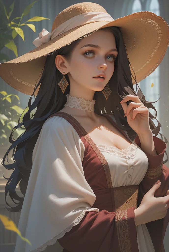 A girl with long black hair, wearing a white dress and a straw hat, sits on a rock next to a fruit-laden guava.
In the girl's right hand, a guava branch with a golden tip, which represents her magic wand and her ability to create and transform reality.
On the girl's left hand, a necklace of colorful beads with a gold coin hanging, which represents her diversity, harmony, abundance and prosperity.
On the wooden table in front of him, four objects representing the four elements and the four tools of the magician: a bowl filled with water, which represents the element of water and its emotion; a sharp sword, which represents the element of air and its reason; a carved staff, which represents the element of fire and its action; and a pentagram drawn on paper, which represents the earth element and its matter.
Around the girl, four animals: a yellow butterfly, which represents transformation and freedom; a green caterpillar, which represents potential and growth; a blue bird, which represents communication and inspiration; and a black cat, which represents intuition and protection --auto --s2