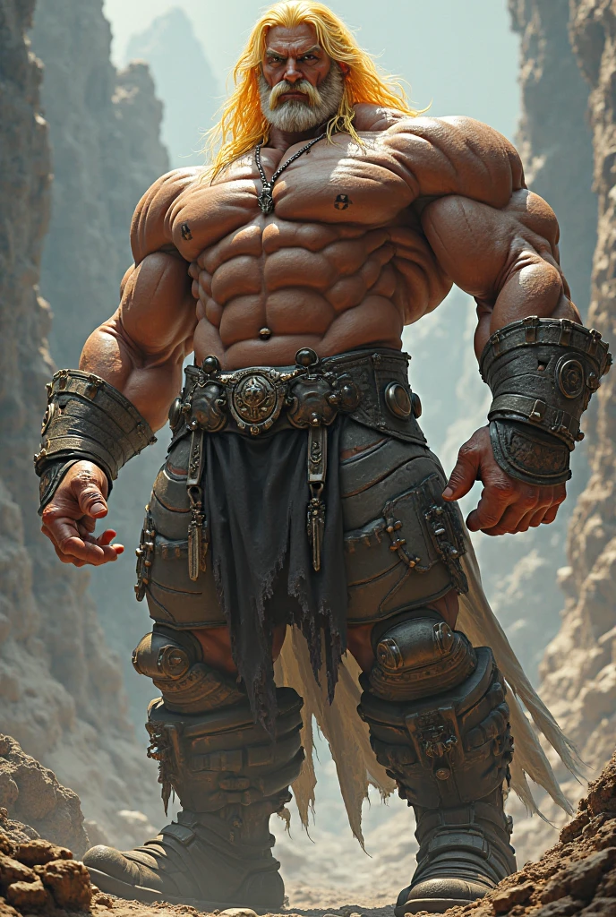 Old bald guy with beard and shredded physique, angry, left arm robotic