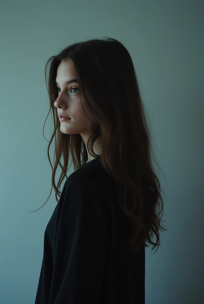 there is a  beautiful woman with long hair and a black shirt, amazing grey blue eyes,around 1 , portrait sophie mudd, around 20 yo, profile image, 18 years old, low quality photo, profile pic, profile picture, selfie of a young woman, wprofile photo, 