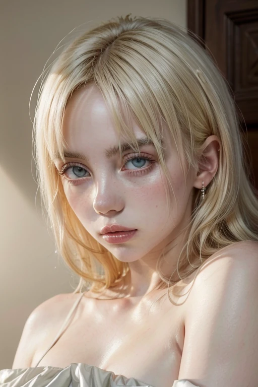 Play Jéssica, a beautiful Nordic girl, 29 years,with a beautiful face with scabs, Scabies on the face, an expressive face, fair skin, a toned body, Big light blue eyes, Very big mouth , a seductive look, Light blonde curly hair, Wearing a sexy lingerie, In a sensual pose ,realistic photo, ultra quality