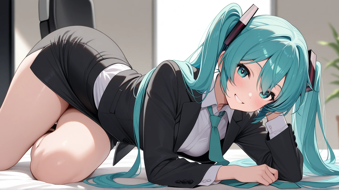 masterpiece, best quality, hatsune miku, knee socks, nipples, shorts, cute, big butt, tongue out, doggystyle pose