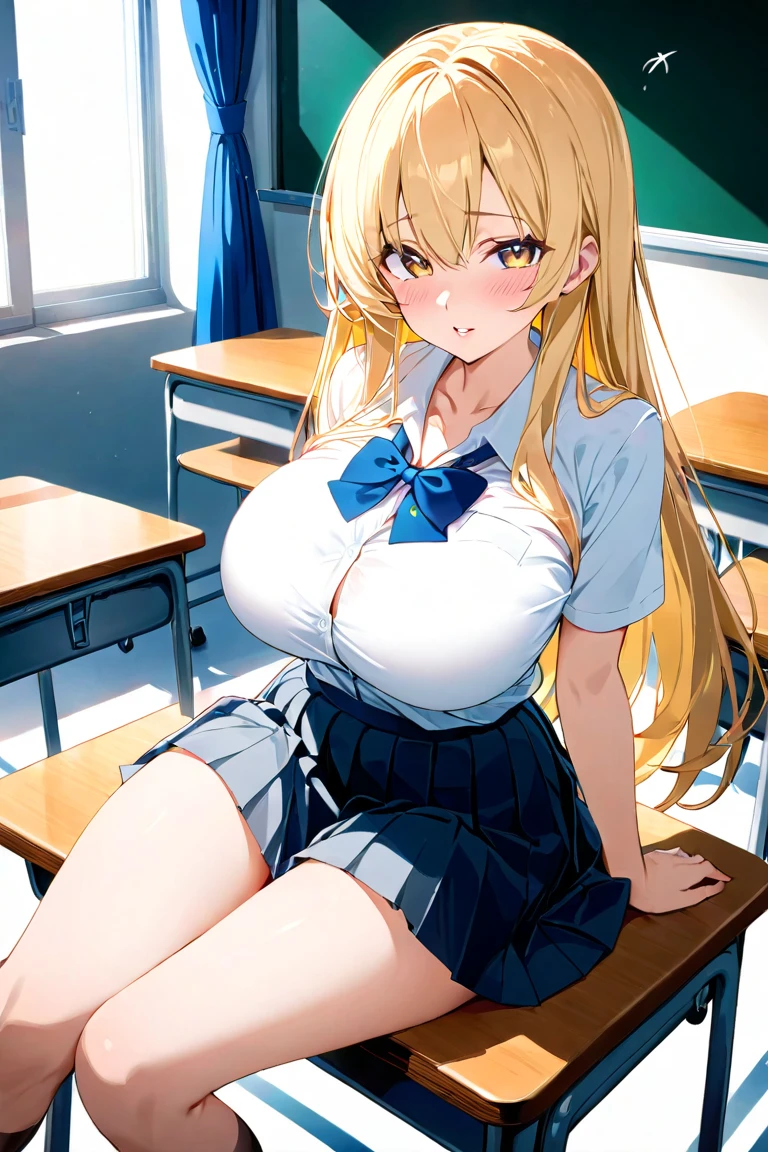 (((Spread your legs))、(((Accentuate your breasts)))、Highest quality, 8k, masterpiece :1.3)), whole body, Sharp focus :One Girl,Shiny skin,Sexy pose,Highest quality,Tabletop,shape,Very delicate and beautiful,Hmph,8k壁紙,wonderful,In detail,Official Art,Very detailedなティッカーUnity 8k壁紙,Incredibly ridiculous,Large file size,Very detailedな,High resolution,Very detailed,Beautiful detailed girl,Realistic,X-ray,The queue is full,(((Uniform Blazer、mini skirt)))、(((Big Breasts、Blonde)))、(((School、classroom)))、Stand upright、Cleavage , ((Golden Hair))、mini skirt、Knee-high socks、Sexy pose、Hairstyle: Long hair、Two hands、Put your hands on your hips