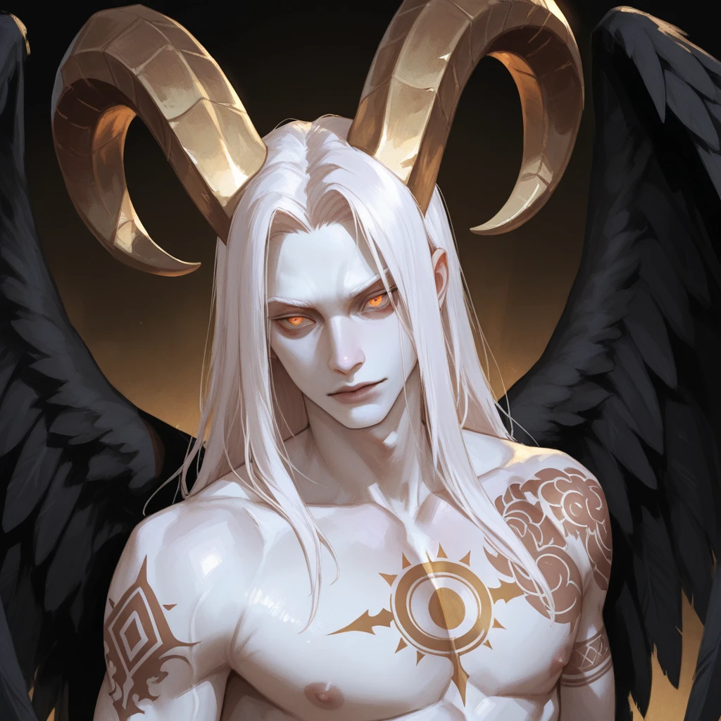 A dark room illuminated only by the dim light of a candle. An imposing looking male demon, with black wings and burning eyes, Hold firmly a fallen female angel with white wings and a serene face., in a pose of submission. The angel is kneeling, looking up with devotion, while the demon looks at him with a mixture of power and desire. The atmosphere is gothic and full of dark symbolism