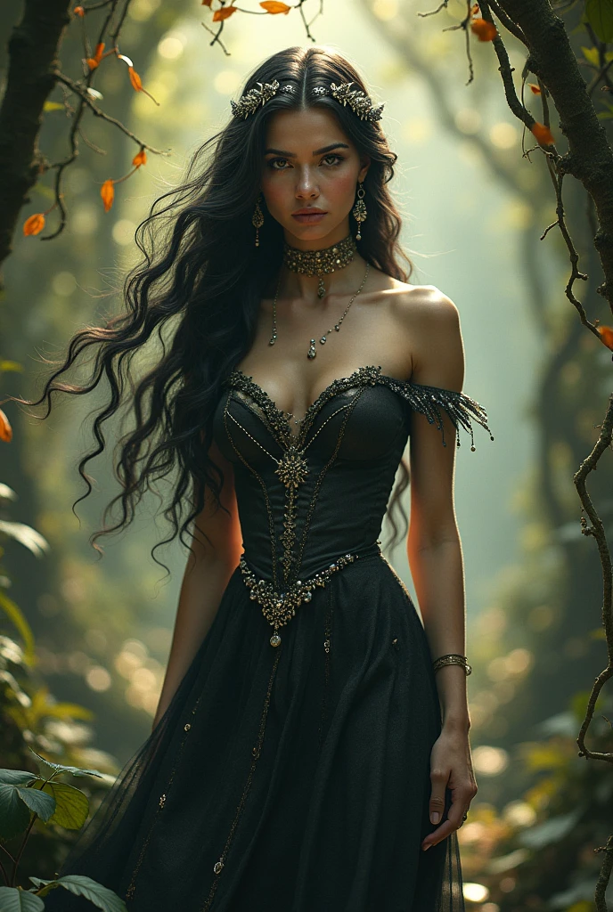 Make a young girl , she has long black hair, black eye, pale white skin, she is very beautiful.
She is wearing a long black dress with silver details, she is in a medieval forest, middle ages 