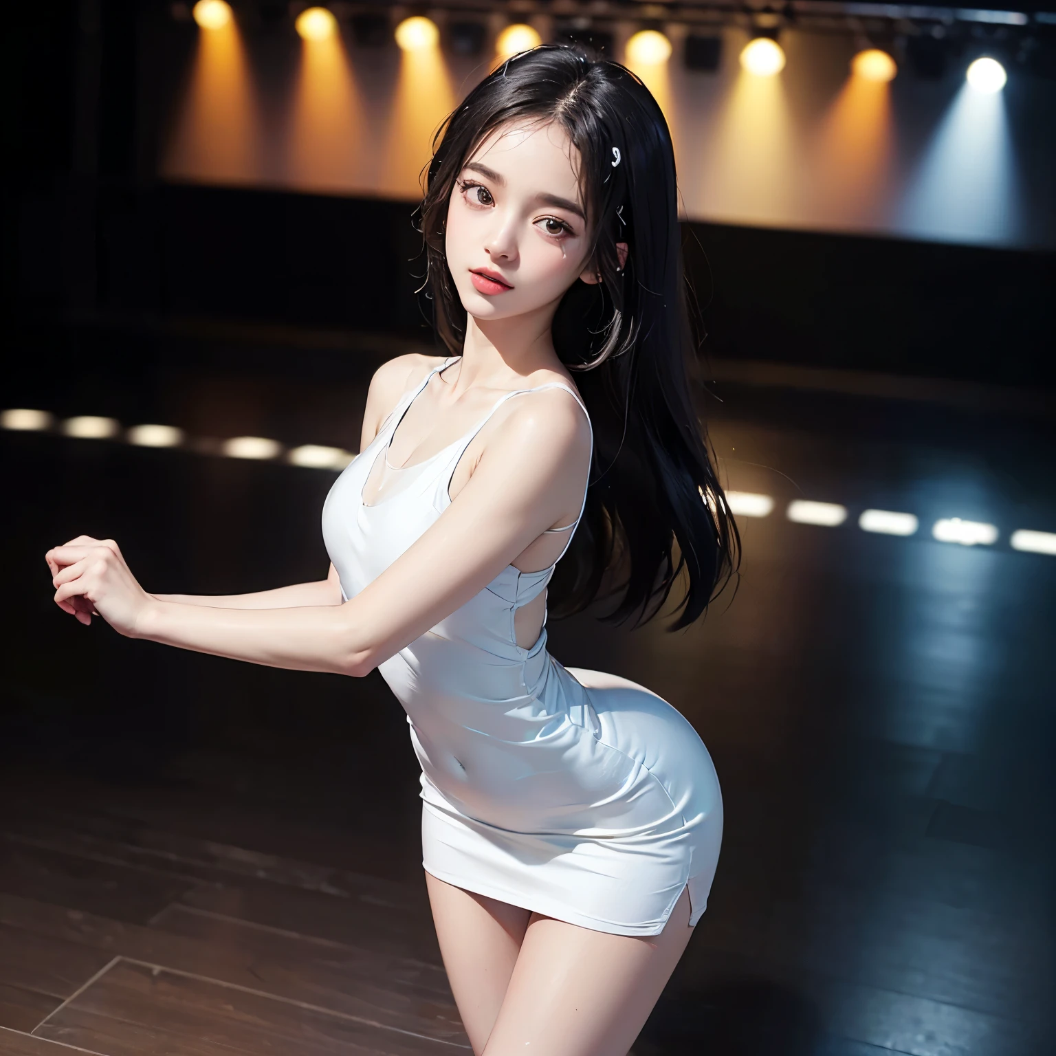 (8K、Raw photography、top-quality、masterpiece:1.2)、(realisitic、Photorealsitic:1.37)、Omertosa、1girl in、(Kpop Idol)、、top-quality、Blue Long Hair、Silver hair、超A high resolution、(Photorealsitic:1.4)、1girl in、Stage light background、Silver dress、a closed mouth、Cinema lights in warm tones、(body turned a little:1.4)、A sexy、heavy eye makeup、Erotic Poses、dance、full body Esbian、cute little、from the rear