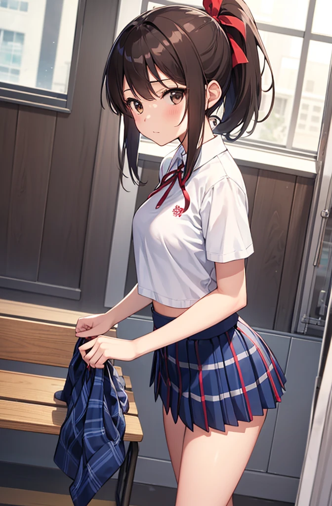 bedroom、Girly outfits, electric fan、Subject from electric fan、Lift in strong winds, (Showing panties:1.4), motion line, Crowded, POV, Looking at Viewer, frilled shirt collar, Pleated skirt, a black ribbon, Hair Ribbon, PINK SHIRT,