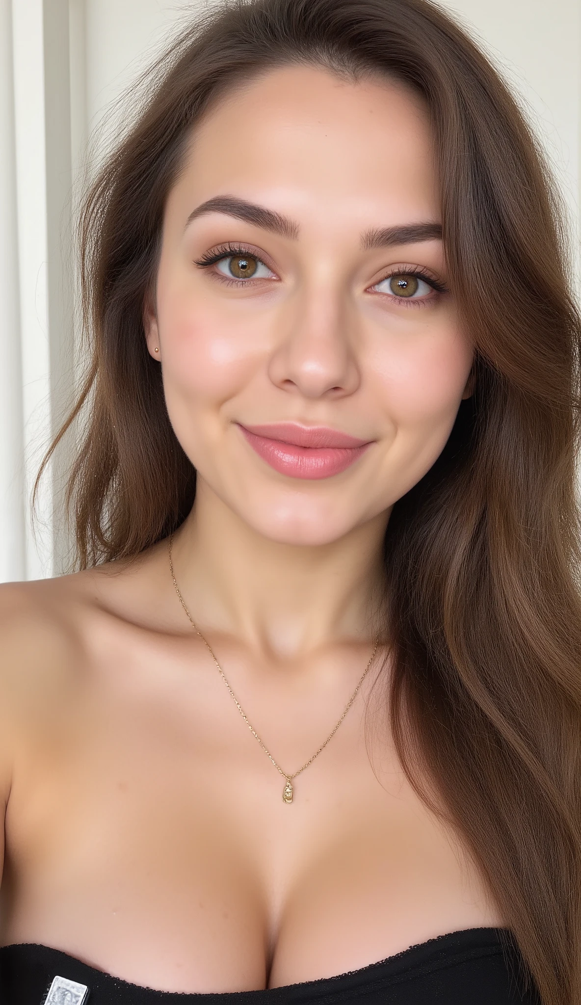 A Caucasian woman with long brunette hair is taking a close-up selfie, her dark, wavy hair cascading over her left shoulder. She has a light to medium skin tone, dark eyes, and full lips that curve into a soft, subtle smile. She is wearing a black strapless top with a small white rectangular logo on the left side, paired with a delicate gold necklace featuring a tiny pendant and small gold hoop earrings that add a hint of elegance. The background is minimal, suggesting an indoor space with a plain white wall and a partially visible white curtain or draped fabric on the left side. An electrical outlet can be seen subtly in the lower right corner. The lighting is soft and natural, likely from a nearby window, casting an even glow across her face and upper body without harsh shadows. The photo is styled as a casual, intimate selfie taken at a close range and slightly high angle, emphasizing the subject’s face and chest. The overall mood is relaxed, natural, and pleasant. No nudity.