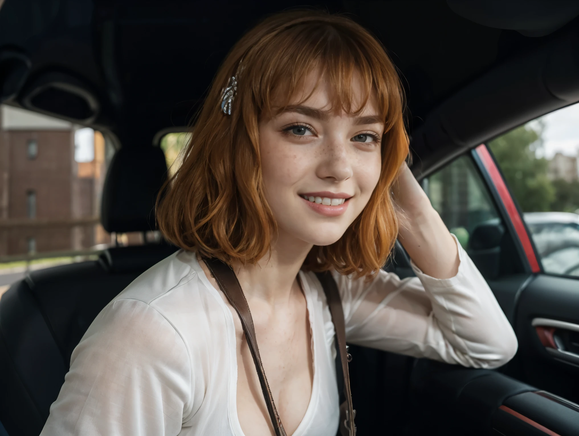 (masterpiece), best quality, expressive eyes, perfect face, multilevel marketing, midriff, Areolae, tied ginger hair, Hairclip, limbus salesmen woman, perfect anatomy, (((riding a car))), (((closeup face))), tall woman with a chubby physique and long, medium orange ginger hair, hair with bangs, freckles, forehead, topless, green eyes, irish woman, tight shirts, bulk, chubby, fatty, over shoulder, bra, sweaty, sweat look, full Body, sleeve rolled up, small breasts, apartment background, partially unclothed, tall, Ireland woman, belt, ((white shirt)), smiling warmly, night time, high libido look, tired, black leggings, apartement, ((captain Ahab)), bedroom background, ((chest freckles)), after work, (((salesmen employee))), Weasleys, ((driving car)), (((driver))), inside car