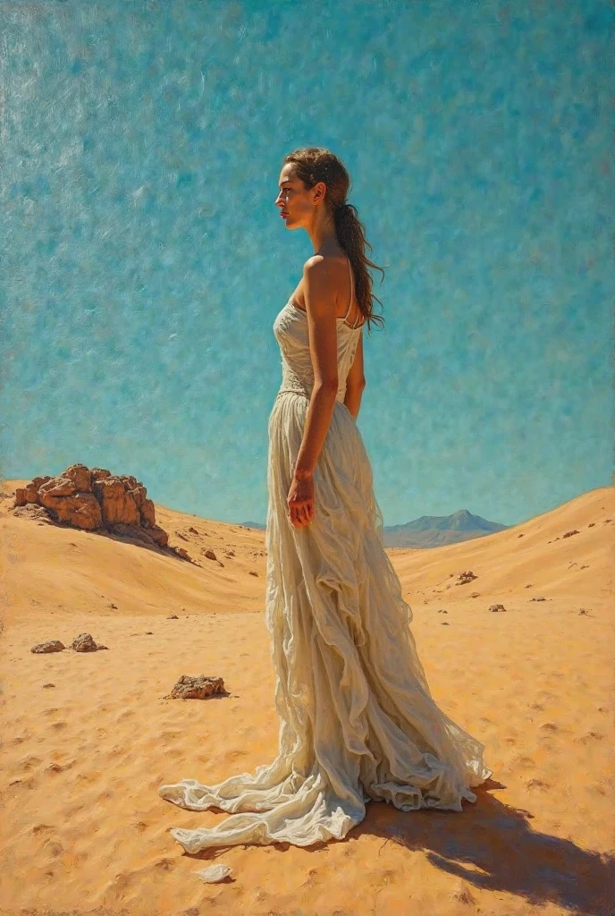 alone in the universe, in watercolor style, Photorealism, discreet golden and ruby and mint shades, (nude) gentle modest thin girl 16 years old (with a very beautiful exquisite face) southern type with short dark hair with beautiful breasts with tender nipples (barefoot) in a long old mint skirt walking in the distance (Across the desert), stunted little plants, drought, precious jewelry on the neck and chest and on the wrists, precious bracelets, ankle bracelets