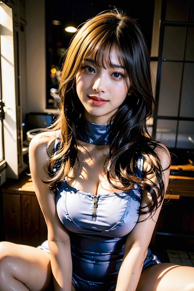 Latex bodysuit、Knee-high boots、Huge 、Long brown hair、Shiny, Oily skin、Glowing Skin、Indoor competition pool、White skin、 Beautiful woman in kimono，Body Portrait、8k，Beautiful and beautiful eyes，Dindal effect、masterpiece, 最high quality, high quality, High resolution、Very detailed photos、(Natural skin texture、Fine skin、Hyperrealism、Ultra Sharpness)、Skin with attention to detail、(Very detailed、Fine skin texture、Intricate details、Beautiful Face、(A vivid face)、Realistic eyes、Beautiful and detailed、Realistic Skin、Beautiful Skin、Surreal、Very detailed、Golden Ratio、With a smile、((Night moonlight background))、Body Portrait、glamorous,Shinyボディスーツ