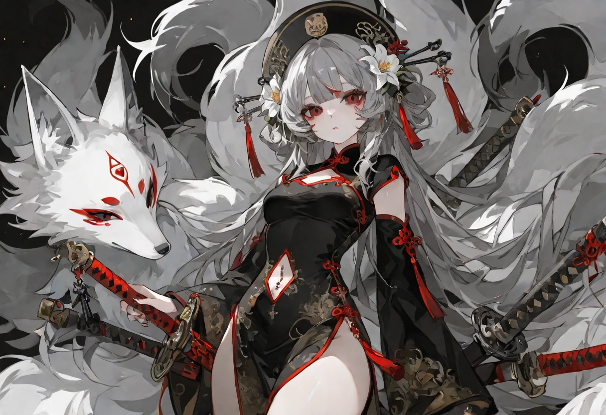 (A Divine Beast), Nine-Tailed Demon Fox, Dynamic Body Type, (Chinese Monster), bonitas, Started Ink, Chinese, 1 girl, ((whole body), ((2.5D)), floating hair, gorgeous eyes, Delicate Eyes, Delicate Silhouette, Fantasyart, (Black and Red Antique Brocade Hanfu), fov, (work of art), front facing shot, side portrait, White background, (movie poster), Spitz, Start, nube, petals, Void, sky, (wide angle lens), sight, fully body, killer eyes