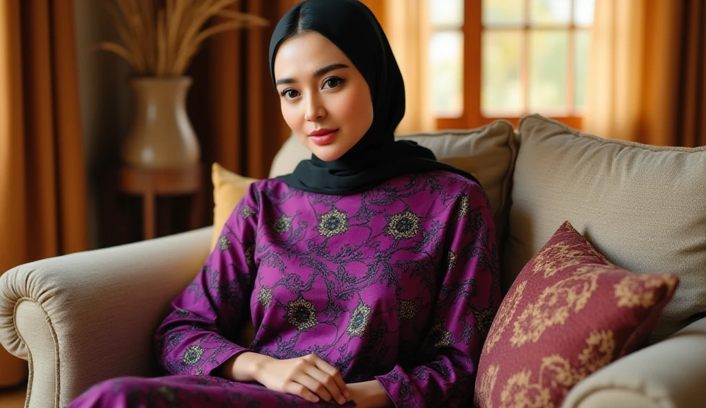 a beautiful hijab-wearing girl,satin hijab,detailed face,beautiful eyes,a hijab wearing teacher wearing a kebaya, holding a stack of books, detailed face and eyes, intricate patterns on kebaya, natural lighting, photorealistic, 8k, cinematic composition, warm color tones, masterpiece,full lips,elegant dress,(best quality,4k,8k,highres,masterpiece:1.2),ultra-detailed,(realistic,photorealistic,photo-realistic:1.37),high quality portrait,intricate details,elegant lighting,soft colors,warm tones