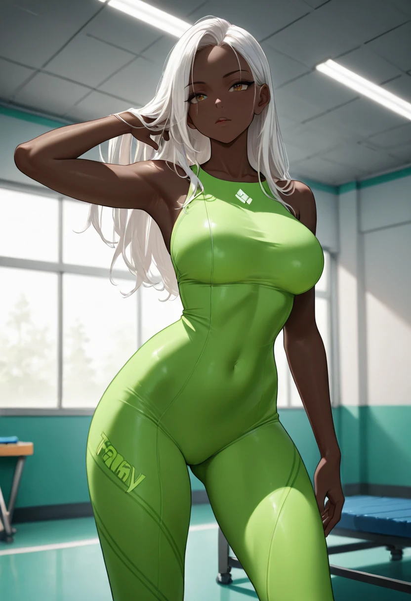 beautiful, 1female, gardevoir, lopunny, (holograhic short jumpsuit), fitness model, dark brown skin, wide hips, thick hips, glowing eyes, thick thighs, rabbit tail, thick lips, thin toned body, long blonde hair, green highlights, bangs, big breasts, abs:0.2, narrow waist, small waist, flat belly, flat waist