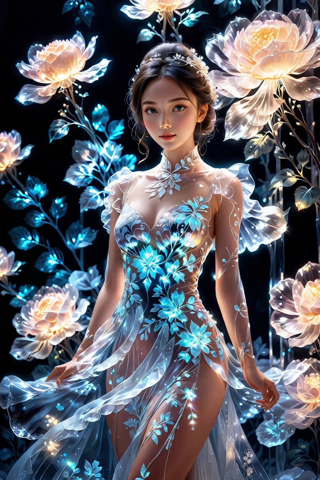 <lora:glowing:0.8>,1girl,transparent dress,(glowing fluorescent effect),(ice flowers:1.1),, (masterpiece, best quality, high quality, highres, ultra-detailed),