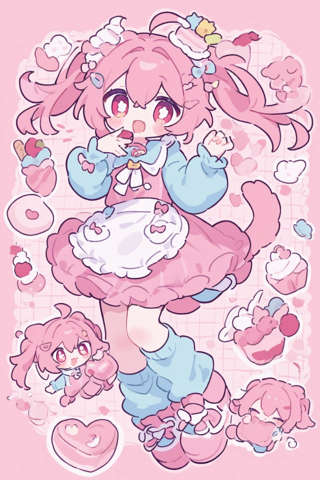 generate a chibi full body character kawaii cozy comfy pastel with lots of accessories brown,cream,pink boy male
