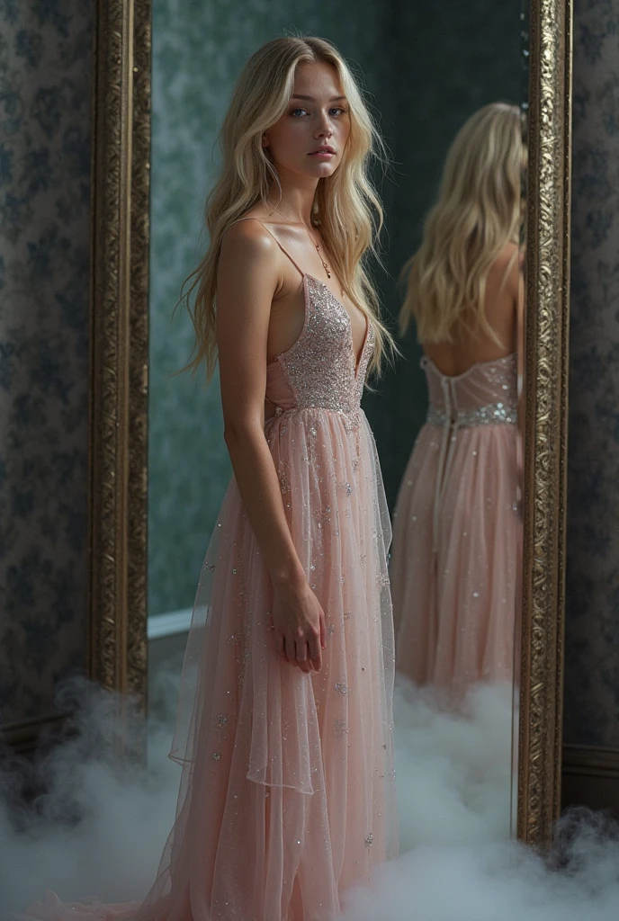 portrait of a slender 18 year old girl standing alone in a dark gymnasium at senior prom, dark piercing eyes, long blonde hair falling gently around her shoulders, dimples, freckles, wearing a gorgeous prom mini dress, cleavage, pensive solemn expression, dof, bokeh, dark lighting,  