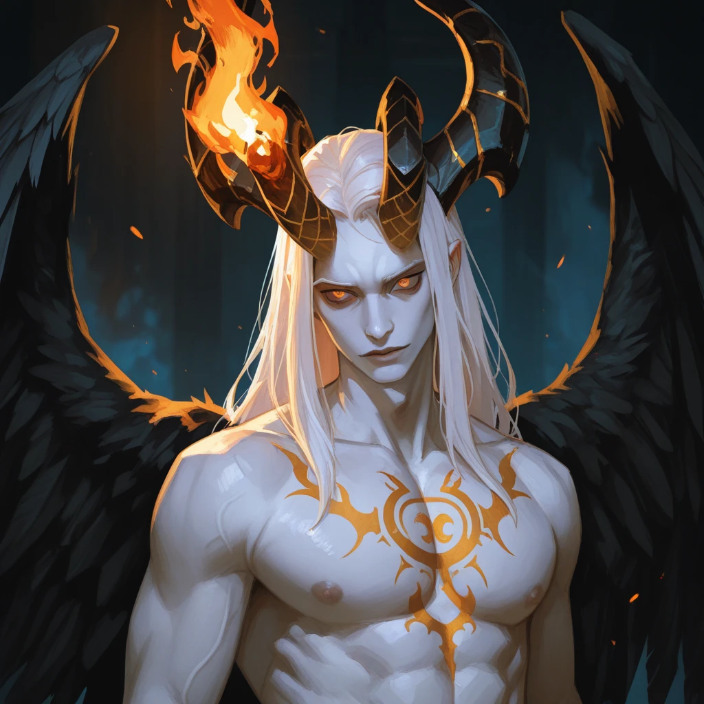 a close up of a man with a white hair and a golden necklace, fantasy male portrait, style of peter mohrbacher, in style of peter mohrbacher, fit male demon with white horns, peter mohrbacher donato giancola, mohrbacher, peter mohrbacher style, in the art style of mohrbacher, peter mohrbacher