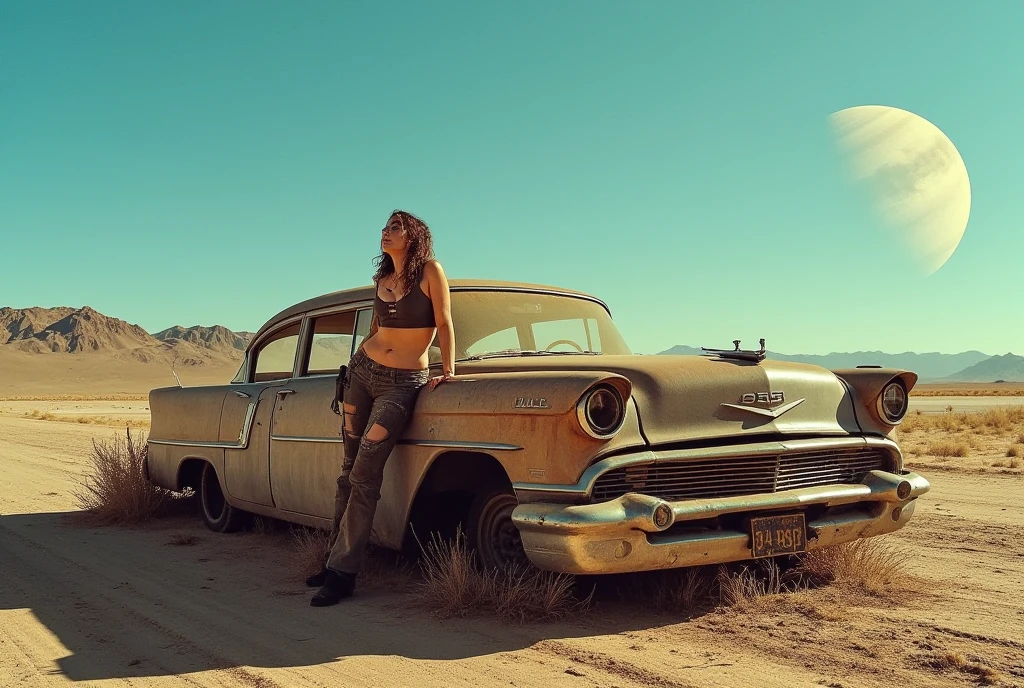 Yael Shelbia (beautiful and bold, seductive and attractive, blue eyes, pointed breasts, long curly black hair, sweaty body, open shirt, short shorts, me, boot, thick legs). (deserted road, dirt road, blood, smoke, abandoned cars, newspapers, abandoned objects, bodies lying on the ground, abandoned road, apocalyptic scenery, cinematic effect), (Best quality, masterpiece, depth of field, Full HD, 4K, richness of detail). Portrait style