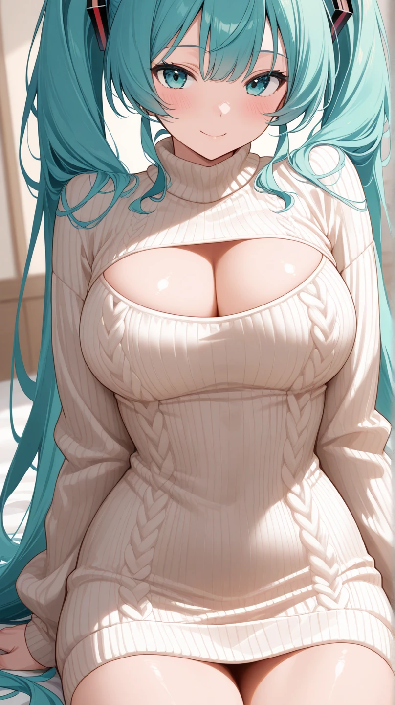 (High quality, High resolution, Fine details), Realistic, cozy setting, women with elegant style, (beautiful detailed off-shoulder sweater:1.2), solo, curvy women, green hair, long hair, blue eyes, sparkling eyes, (Detailed eyes:1.2), smile, blush, Sweat, Oily skin, shallow depth of field, natural lighting, soft-focus, dreamlike atmosphere, soft and warm texture, bokeh effect,big tits,huge , cleavage