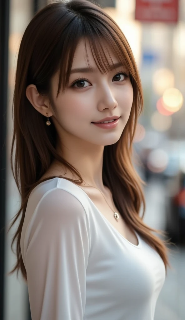 masutepiece, Best Quality, Illustration, Ultra-detailed, finely detail, hight resolution, 8K Wallpaper, Perfect dynamic composition, Beautiful detailed eyes, doress,Medium Hair, Natural Color Lip, Random and sexy poses,Smile,Aoyama Street Walk、A 24-year-old girl