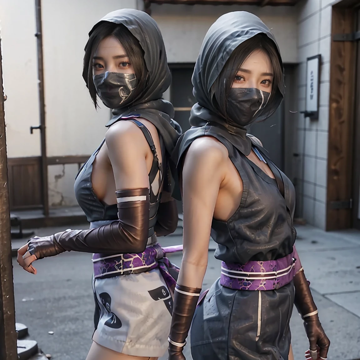 2 hot lady samurai dressed in cyberpunk costumes, duel each other with deadly weapons, they are in a blooming cherry orchard in mid day
