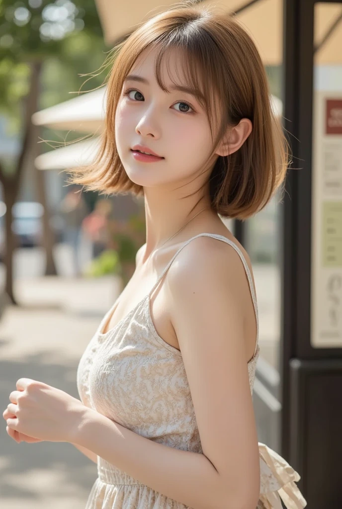 Realistic, masterpiece, Highest quality, (Tree-lined street, The background is blurred:1.3), (One girl:1.3), Photo of a woman smiling happily, (Droopy eyes:1.3), Beautiful and exquisite, (Dark Eyes:1.3), Long eyelashes, Eyelash extensions, (Hidden eyelid wrinkles:1.3), (blonde, short hair, middle part:1.3), (Swimsuit), (Full body portrait:1.3)、Stick your butt out