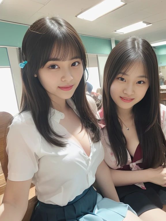 Masterpiece, top lighting, bright light, seduction, smile, brown delicate and delicate long hair, dining table, sitting on a chair, delicate white shirt, big breasts without leaking points, high-definition facial features, 8K, double eyelids, delicate facial features,