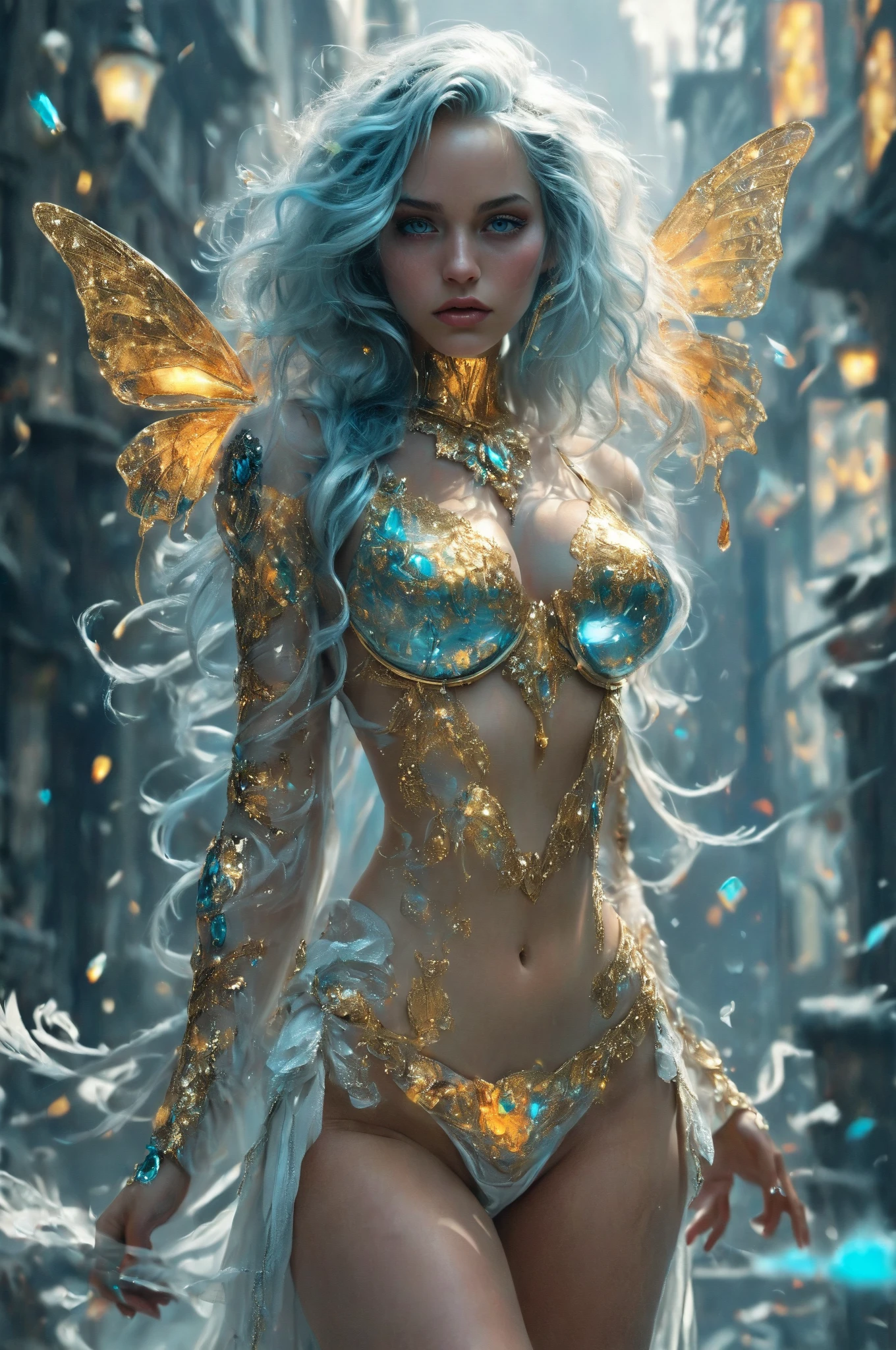 (Masterpiece, Top Quality, Best Quality, Official Art, Beauty and Aesthetics: 1.2), (1girl: 1.3), (Fractal Art: 1.3), Vibrant Aqua Blue Eyes, Medium Hair with Tassels, Nude Midpart
