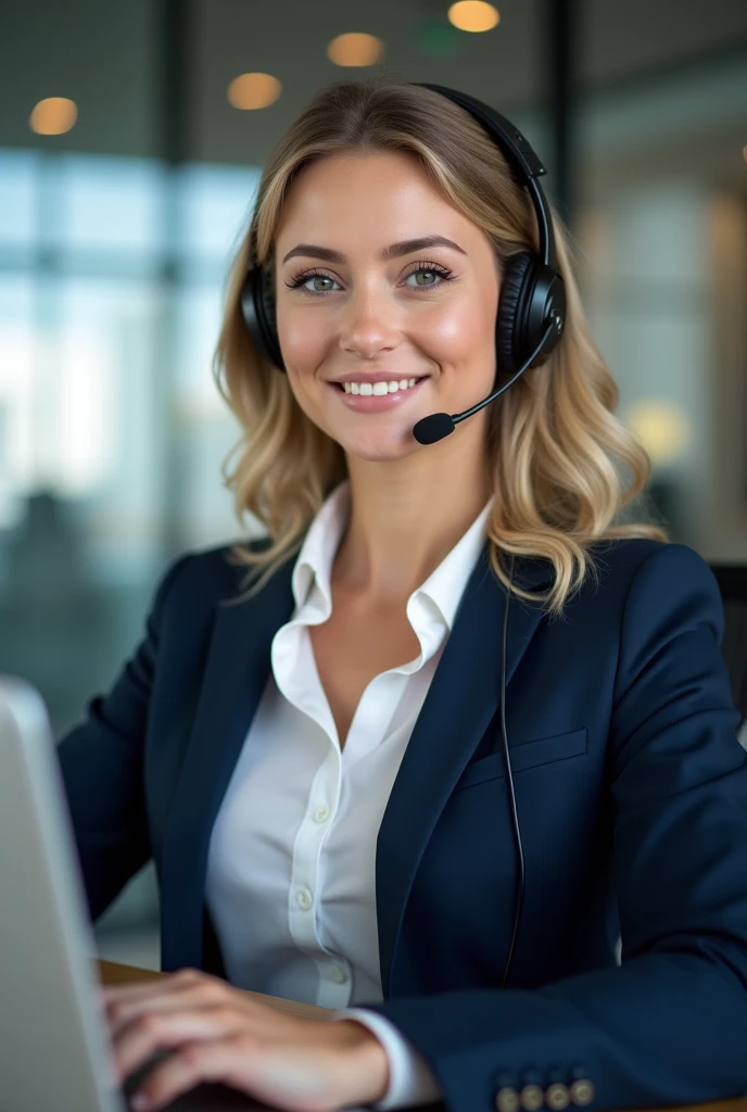 Beautiful blonde with large breasts in a blue suit (Working on a computer in the office late at night),Wearing headphones,Very detailed, 21 years old, Innocent face, Naturally Wavy Hair, blue eyes, High resolution, masterpiece, Highest quality, Intricate details, Very detailed, Clear focus, Delicate skin, practical skin texture, texture, Delicate eyes, Professional, 4K, Cute Smile, Shot with Canon, 85mm, Shallow and deep,  Kodak Vision Color, Exactly, Very detailed, photograph_\(Extremist\), photographpractical, practical, Post-processing, Maximum details, Roughness, Real Life, Extremist practical, Photorealism, photographgraphy, 8K Ultra HD, photographgraphy