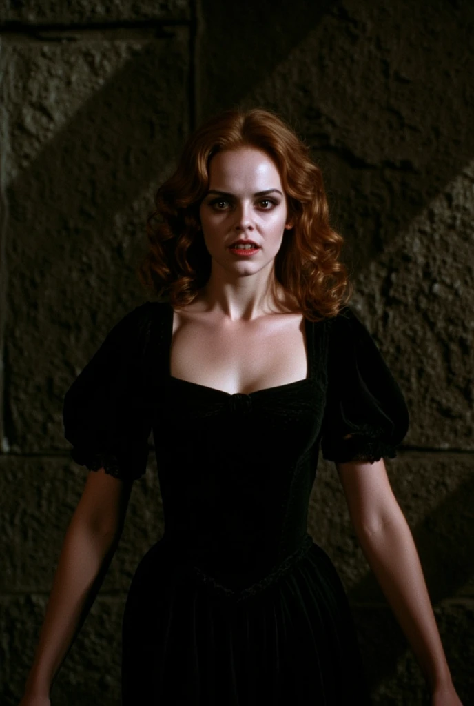 arafed woman in a black dress with short messy wavy red hair and a necklace, lotr, promotional still, joy vampire queen, artstyle tom bagshaw, beautiful female vampire, carmilla vampire, portrait of a elder witch, vampire fashion, samara weaving vampire, tom bagshaw weta studio, with red hair, photo still, witchy clothing, beautiful female witch in fog filled graveyard