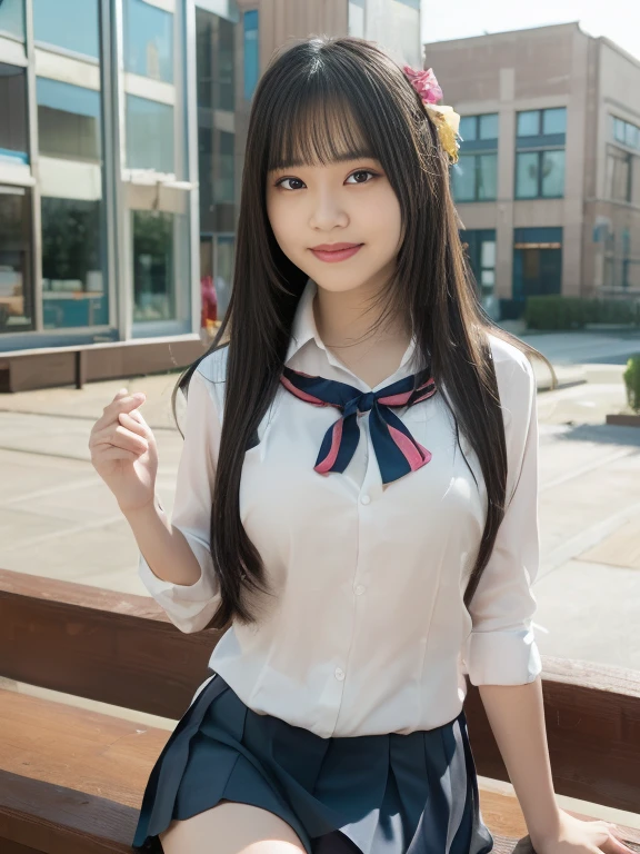 (((cowboy shot))),Ultra-high resolution,big eyes,((brown eyes)),Japanese,(forehead),(a girl),(1 girl),(()),(cute),pretty,((facing at viewer)),arms behind back,grin,(((black school sailor uniform))),pleated skirt,(((disney land))),(cloudy sky)