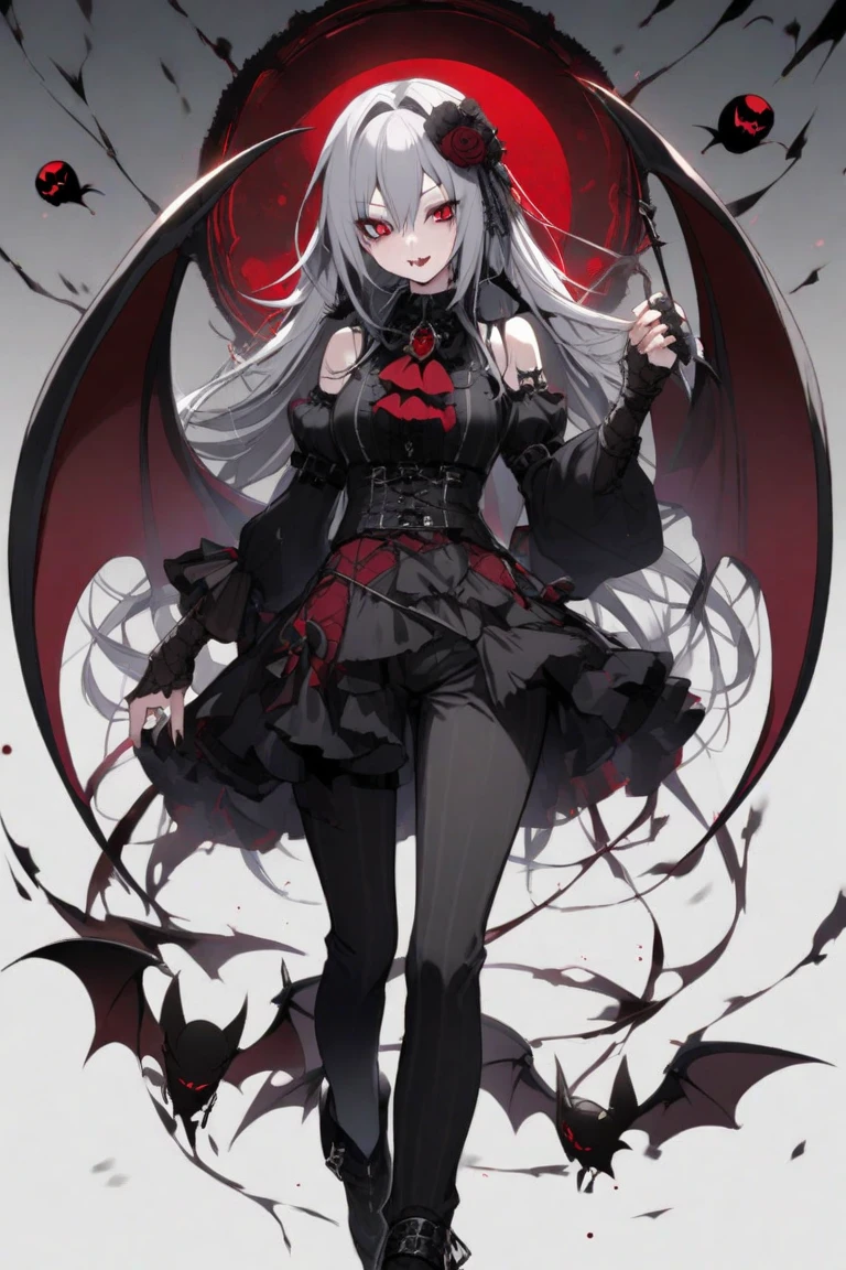 (Masterpieces: 1.2, best quality), (best lighting, very delicate and beautiful), (best lighting, very delicate and beautiful), (beautiful detailed face), (detailed eyes and detailed faces: 1.2), dark fantasy, vampires, (young girl, little beast, 1girl, solo, crazy smile, pale skin, gray hair, red glowing eyes, dynamic angles, dynamic poses, vampires, vampire fangs), (get vampire castle in the background), (red moon, red sky), pointy_ears, fangs, bat wings, demon horns, ((blood on the face))), blood rain, blood fog, (depth of field), high contrast, (blood splash: 1.4), cowboy shot, full body,