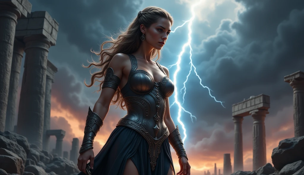 Uma mulher elfa alta e bonita, com pupilas azuis, desprezo nos olhos, a cold expression, uma postura altiva, peito para cima, armadura de luz dourada por todo o corpo, olhando para cima, Spinning wind, lightning around the character, neve, inverno, tempestade de neve, fundo complexo noturno, altamente detalhado, (sombrio:1.3), Escuro, esmaecido, HDR,