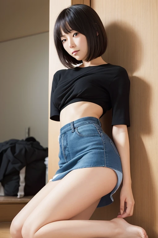 (RAW Photos: 1.2), (Photorealistic: 1.4), (Masterpiece: 1.3), (Best Quality: 1.4), Ultra High Resolution, (Detailed Eye Features), (Detailed Facial Features), (Detailed Clothing Features), HDR, 8k Resolution, Solo Focus, Bangs, Skin Tight, (Glossy Skin), (Slender Beautiful Girl), Fantastic, (Ultra Detailed Illustration), Check Commentary, Commentary request, Japanese-style room, No letters, VirtualGirl-Rin, Small, Bob hair, Short hair, Black hair, Brown eyes, 1 girl, Full body, Melancholy expression, Cute white bra, Cute white shorts, Cute girl, Round face, B cup, Height about 135cm, Japan person, Upper eyes, Sitting on the sofa, Light blue skirt, Skirt rolling, Open legs, Thin legs.