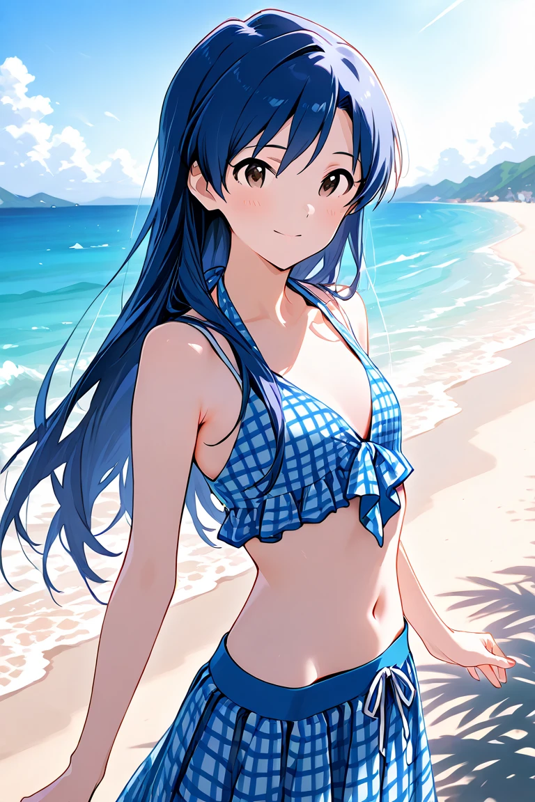 A young woman, 19-years-old, solo, Caucasian, black hair, cyan hair, gradient hair, ponytail, two-tone hair, blue eyes, cheerful smile, mature face, dark blue bikini top, dark blue bikini bottom, midriff, holding a beachball, beach, thin silver necklace, white bracelet, flat stomach