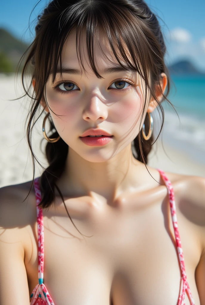 (at beach, 1 girl, medium breasts, low twintails, micro bikini:1.5), fair-skinned, glossy lips, medium hair, skinny, body type, delicate and sexy clavicle, highest quality, RAW photo, realistic, face, incredibly ridiculous beautiful girl, cute, Depth of bounds written, High resolution, ultra detail, detailed, Very detailed, extremely detailed eye and face, sharp pupils, sharp focus, Moody Lighting